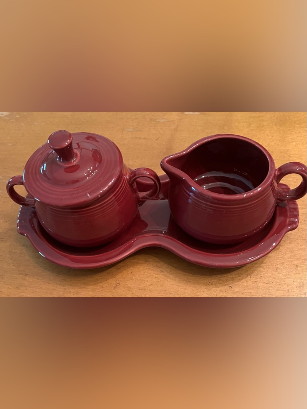 Fiesta Fiestaware Sugar with Lid, Creamer, Figure 8 Tray, Cinnabar Maroon